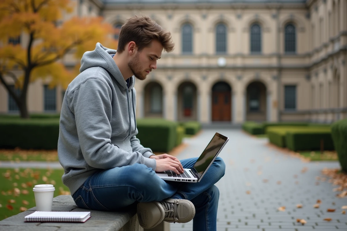 Étudiant consultant ses emails universitaires Zimbra sur un banc en plein air dans une cour de campus en automne