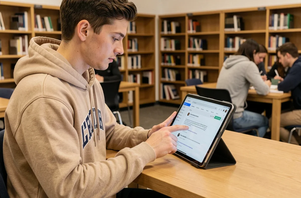 Étudiant consultant sa messagerie webmail sur tablette dans une bibliothèque universitaire