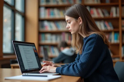Étudiante consultant sa messagerie universitaire Zimbra sur un ordinateur portable dans une bibliothèque universitaire calme