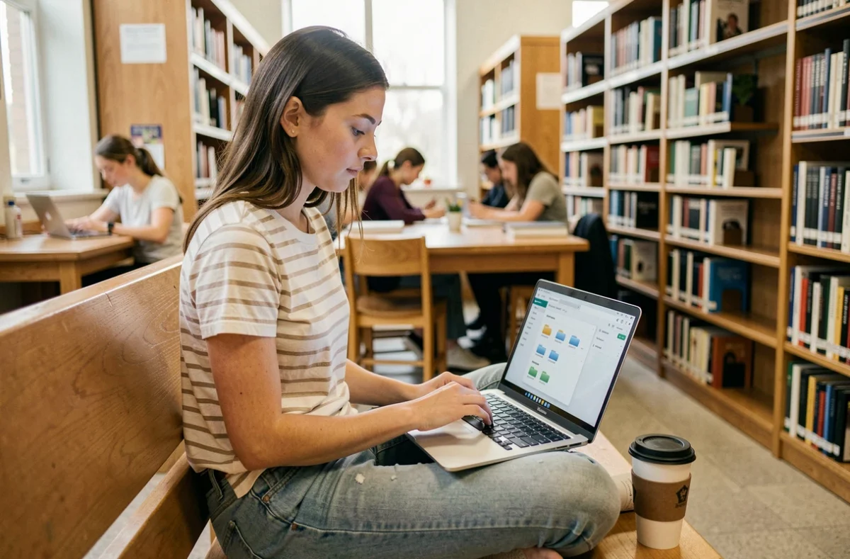 Étudiante recherchant ses anciens emails sur sa messagerie ac Montpellier depuis la bibliothèque universitaire