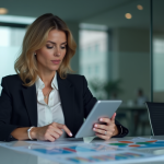 Femme d affaires en réunion avec graphiques numériques