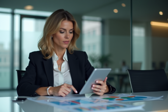 Femme d affaires en réunion avec graphiques numériques