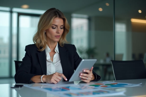 Femme d affaires en réunion avec graphiques numériques