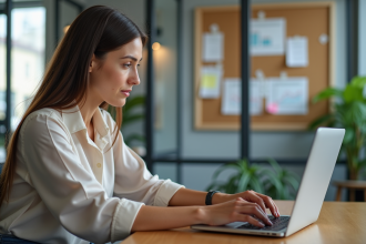 Femme analysant des données marketing dans un bureau lumineux