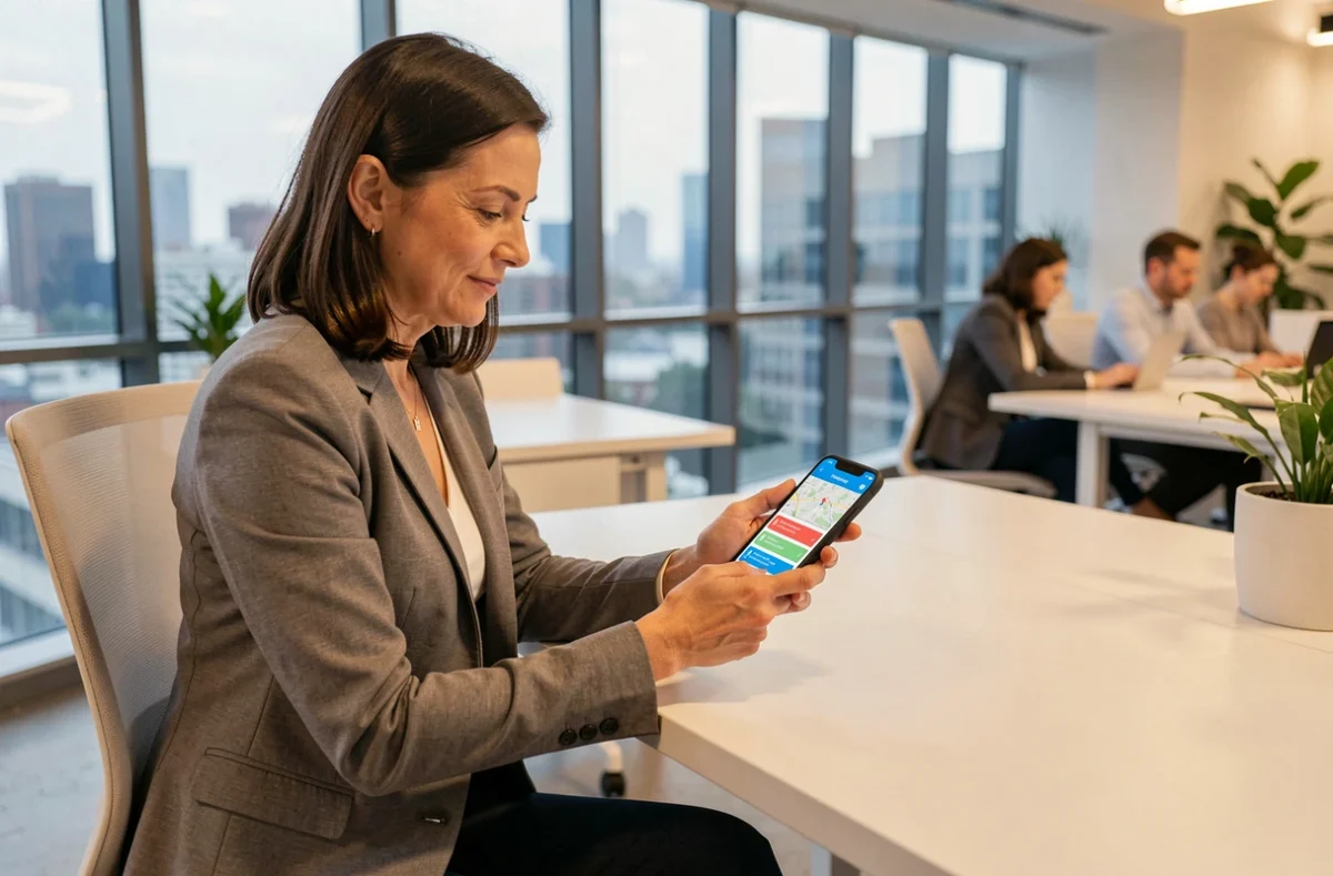 Femme professionnelle consultant une application de télégestion sur smartphone dans un bureau moderne en open space