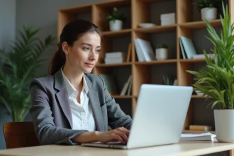 Jeune femme concentrée travaillant sur un ordinateur dans un bureau