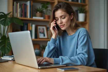 Femme en bureau à domicile utilisant smartphone et ordinateur