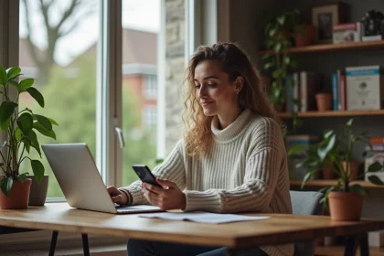 Femme dans un bureau à domicile avec ordinateur et plantes