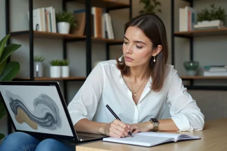 Femme en bureau prenant des notes avec laptop Zectayaznindus