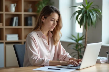 Femme en bureau formatant un tableau sur son ordinateur portable