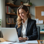 Femme professionnelle travaillant sur son ordinateur dans un bureau lumineux