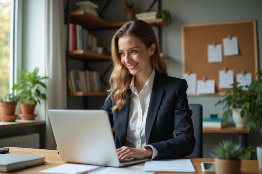 Femme professionnelle travaillant sur son ordinateur dans un bureau lumineux