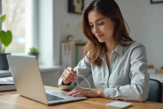 Femme branchant un câble USB-C sur un ordinateur portable dans un bureau à domicile bien rangé