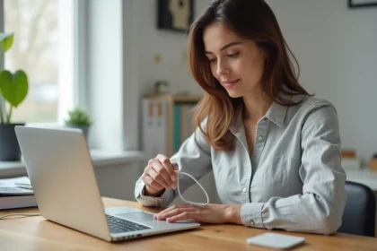Femme branchant un câble USB-C sur un ordinateur portable dans un bureau à domicile bien rangé
