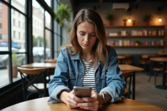 Femme concentrée sur son smartphone dans un café cosy