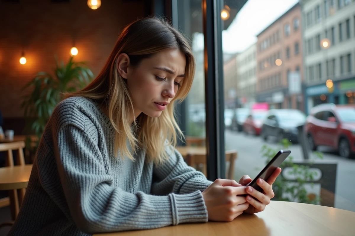 Jeune femme au café utilisant son smartphone pour gérer ses mots de passe