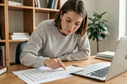 Femme consultant un tableau de caractères AZERTY posé sur un bureau en bois à côté de son ordinateur portable