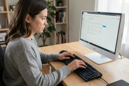 Femme tapant des caractères spéciaux sur un clavier PC Windows dans un bureau à domicile