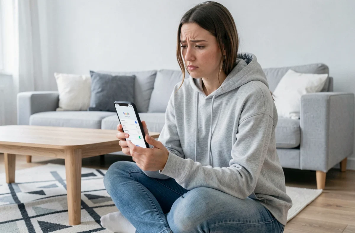 Femme consultant les paramètres de confidentialité de son compte Google sur smartphone dans un salon moderne