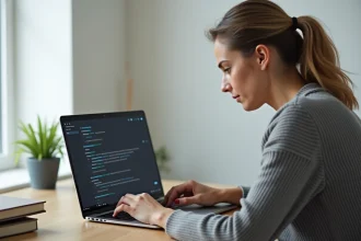 Femme configurant les paramètres de performance de son ordinateur portable dans un bureau à domicile minimaliste