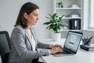 Femme professionnelle connectée à son webmail sur ordinateur portable dans un bureau moderne