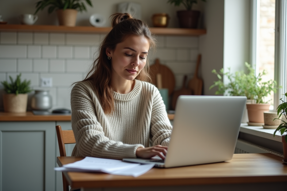 Femme dans la cuisine saisissant un code sur son laptop