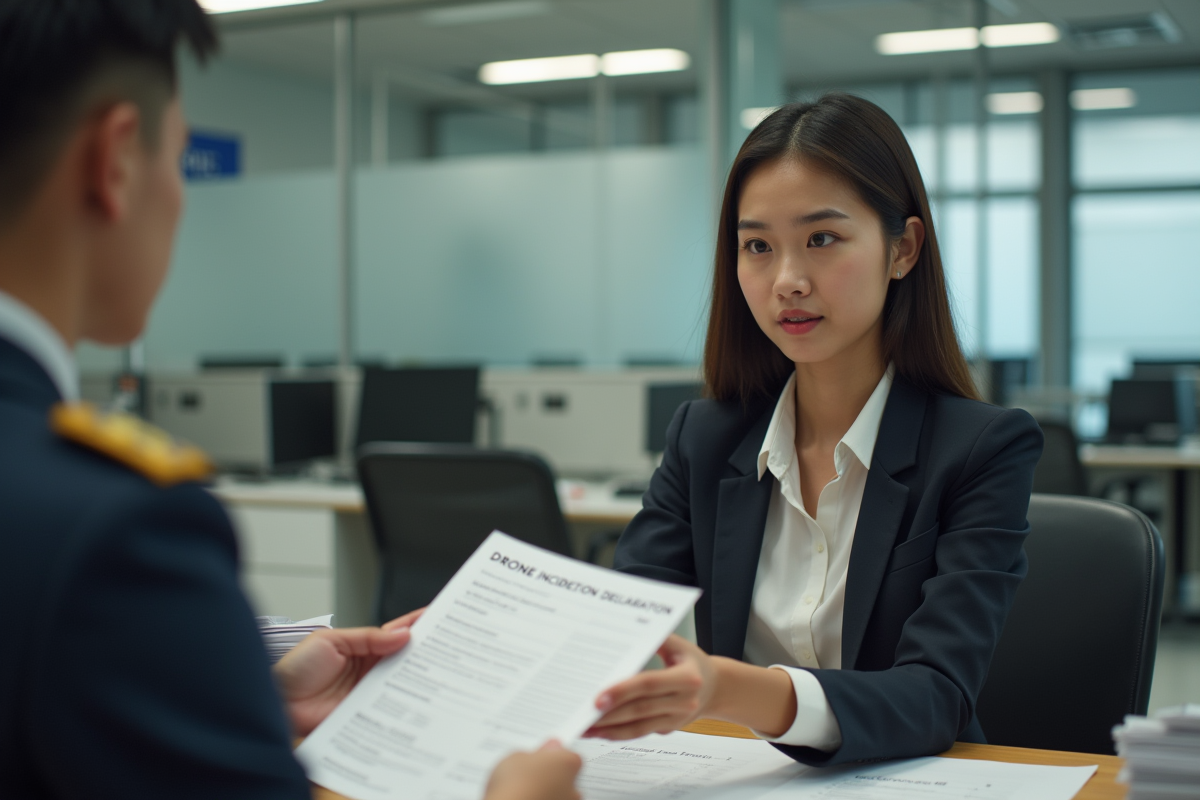 Jeune femme en bureau déposant un formulaire de drone