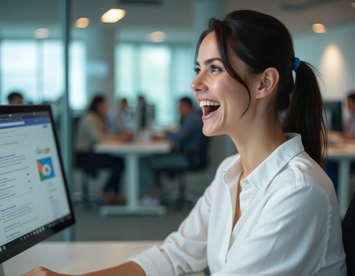 Femme surprise et amusée dans un bureau moderne découvrant l'easter egg Google do a barrel roll sur son écran d'ordinateur
