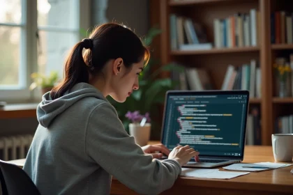 Femme développeuse installant Python et pip sur son ordinateur portable dans un bureau à domicile