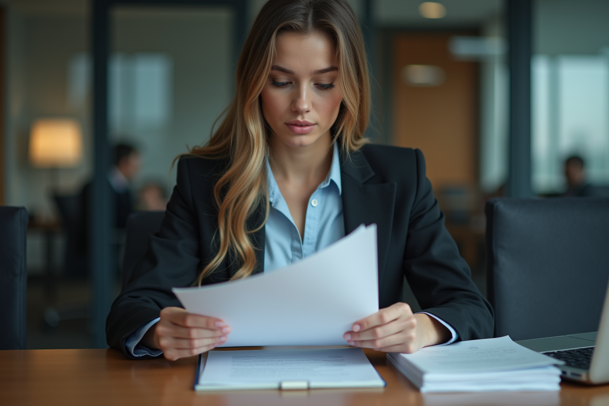 Femme en réunion examinant des documents officiels