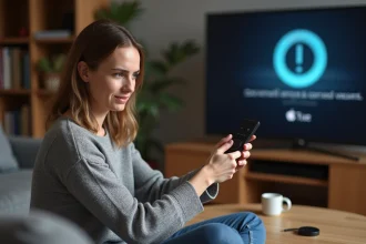 Femme tenant une télécommande Chromecast face à un message d'erreur sur un téléviseur dans un salon moderne
