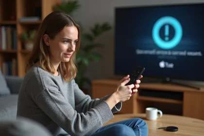 Femme tenant une télécommande Chromecast face à un message d'erreur sur un téléviseur dans un salon moderne