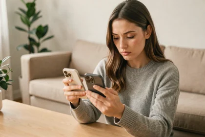 Femme inspectant un iPhone 16e d'occasion dans un salon pour vérifier l'état de l'écran et du boîtier avant achat