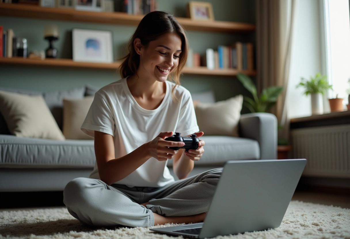 Femme souriante jouant avec une manette dans le salon