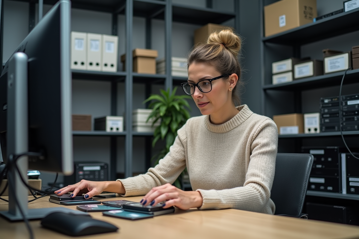 Femme de quarantaine étiquetant des disques de sauvegarde dans un bureau informatique