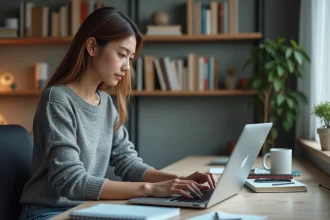 Jeune femme concentrée sur son ordinateur avec bouton refresh