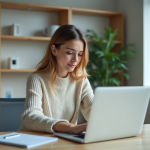 Jeune femme organisant des dossiers dans un bureau lumineux