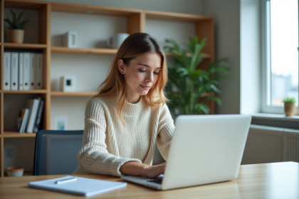 Jeune femme organisant des dossiers dans un bureau lumineux