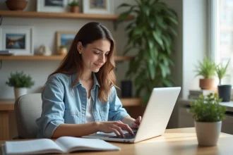 Femme organisant des photos sur un bureau lumineux