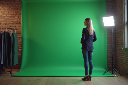 Femme professionnelle regardant des fonds en tissu vert dans un studio moderne