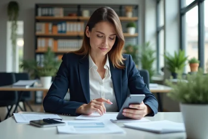 Femme professionnelle en blazer navy et blouse blanche au bureau