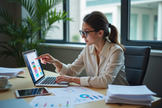 Femme professionnelle pointant un graphique coloré sur son ordinateur