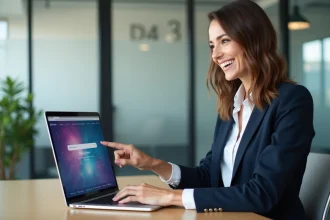 Jeune femme professionnelle pointant un site web sur son ordinateur