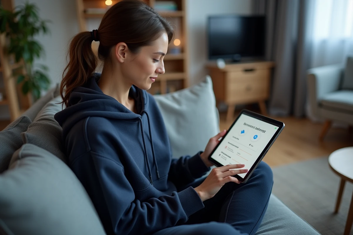 Femme vérifiant les paramètres de son navigateur sur une tablette pour débloquer un site vidéo