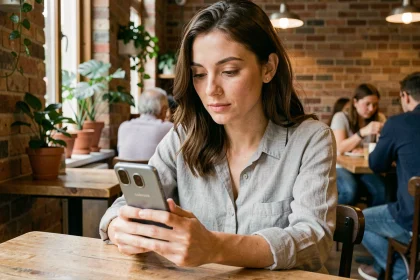 Femme utilisant un smartphone Samsung Galaxy dans un café urbain, comparaison mobile Android au quotidien