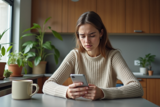 Jeune femme frustrée regardant son smartphone à la maison