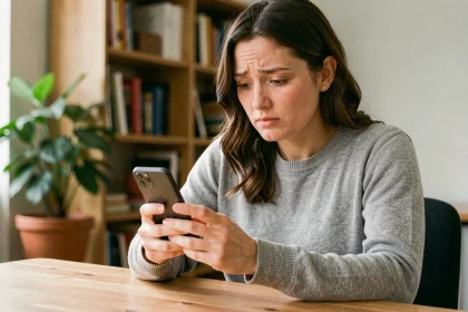 Femme consultant son smartphone avec une expression perplexe en essayant de mettre du texte en italique sur WhatsApp