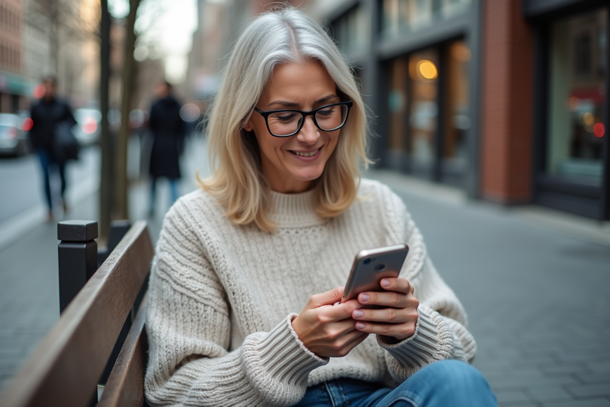 Femme souriante utilisant son smartphone sur un banc en ville