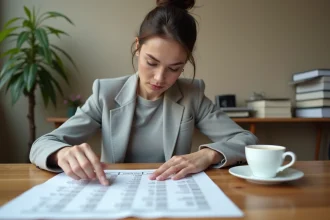 Femme consultant un tableau de conversion Go Mo imprimé posé sur un bureau en bois