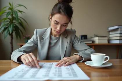 Femme consultant un tableau de conversion Go Mo imprimé posé sur un bureau en bois
